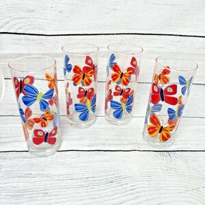 Highball Glasses Set of 4 Bright Color Butterflies Cooler 7" tall Ocean Thailand